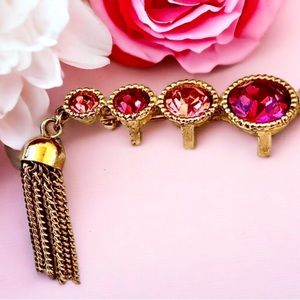 Sarah Coventry Vintage Brooch Pin Pink Rhinestones Gold Tone Tassel Signed